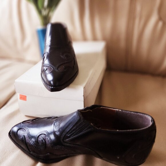 S57 Snazzy Texas style black loafer Snakeskin like brown detail elastic slip on - Picture 1 of 6